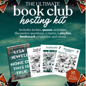 以下が含まれることがあります： 「THE ULTIMATE book club hosting kit」のテキストが入ったデジタルブッククラブホスティングキット。招待状、ゲーム、アクティビティ、ディスカッションの質問、メニュー、プレイリスト、ブックマークの印刷物を含みます。