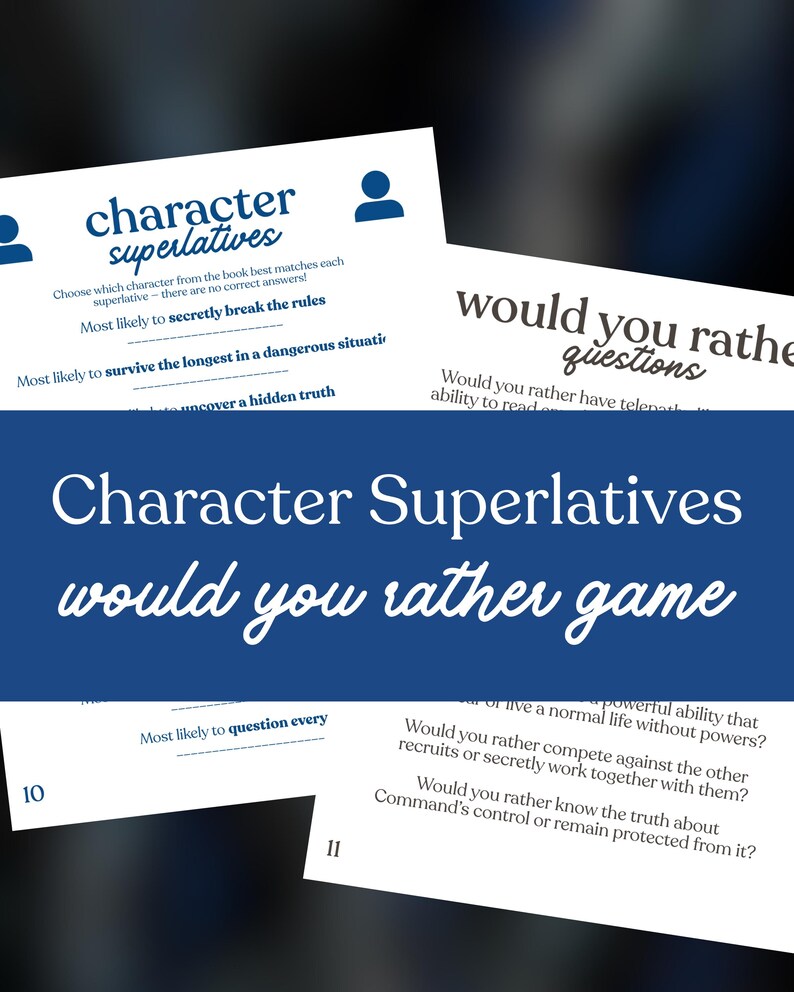 May include: A stack of white cards with blue text. The cards feature the text "Character Superlatives" and "Would You Rather Game". The game cards have questions and prompts for players to answer. The background is a dark blue.