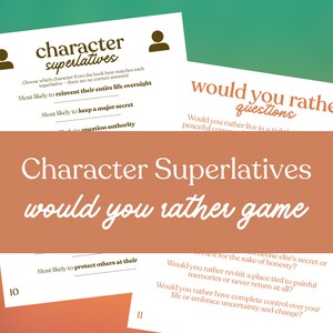 Puede incluir: Un juego con el texto "Character Superlatives would you rather game" sobre un fondo degradado. El juego incluye tarjetas con preguntas como "&iquest;Preferir&iacute;as volver a visitar un lugar ligado a recuerdos dolorosos o no volver nunca?"