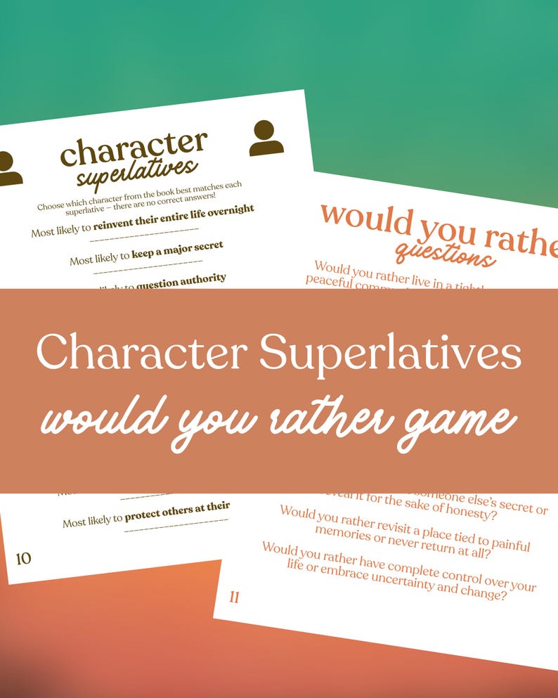 Puede incluir: Un juego con el texto "Character Superlatives would you rather game" sobre un fondo degradado. El juego incluye tarjetas con preguntas como "&iquest;Preferir&iacute;as volver a visitar un lugar ligado a recuerdos dolorosos o no volver nunca?"