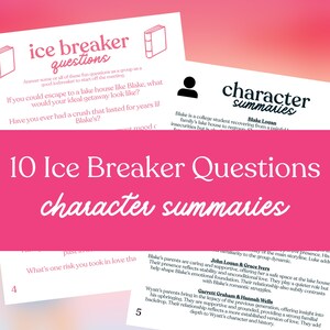 Op de afbeelding: Afbeelding van witte kaarten met zwarte tekst, waaronder "ice breaker questions" en "character summaries". De kaarten hebben roze accenten en de tekst "10 Ice Breaker Questions" is ook zichtbaar.