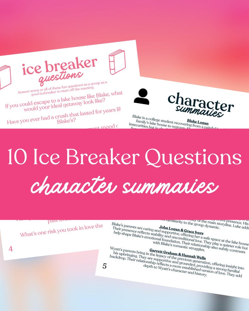 Op de afbeelding: Afbeelding van witte kaarten met zwarte tekst, waaronder "ice breaker questions" en "character summaries". De kaarten hebben roze accenten en de tekst "10 Ice Breaker Questions" is ook zichtbaar.