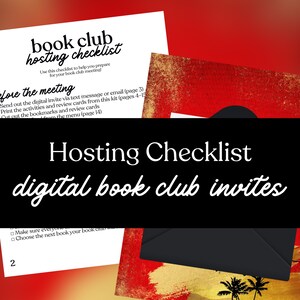 Op de afbeelding: Een checklist voor het organiseren van een boekenclubbijeenkomst, met de tekst "book club hosting checklist". De afbeelding bevat een rode en gouden uitnodiging met palmbomen en de woorden "Hosting Checklist digital book club invites."
