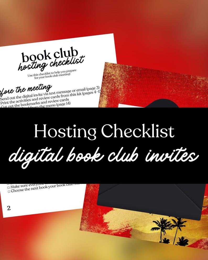 Op de afbeelding: Een checklist voor het organiseren van een boekenclubbijeenkomst, met de tekst "book club hosting checklist". De afbeelding bevat een rode en gouden uitnodiging met palmbomen en de woorden "Hosting Checklist digital book club invites."