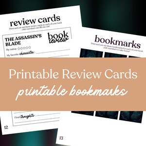 May include: White printable review cards and bookmarks with black text. The review card includes the text "THE ASSASSIN'S BLADE" and "book review". The bookmarks have a forest image. The text "Printable Review Cards printable bookmarks" is also present.