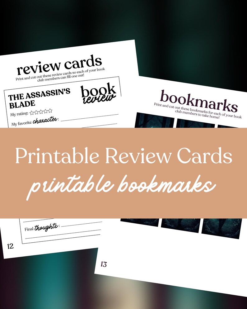 May include: White printable review cards and bookmarks with black text. The review card includes the text "THE ASSASSIN'S BLADE" and "book review". The bookmarks have a forest image. The text "Printable Review Cards printable bookmarks" is also present.