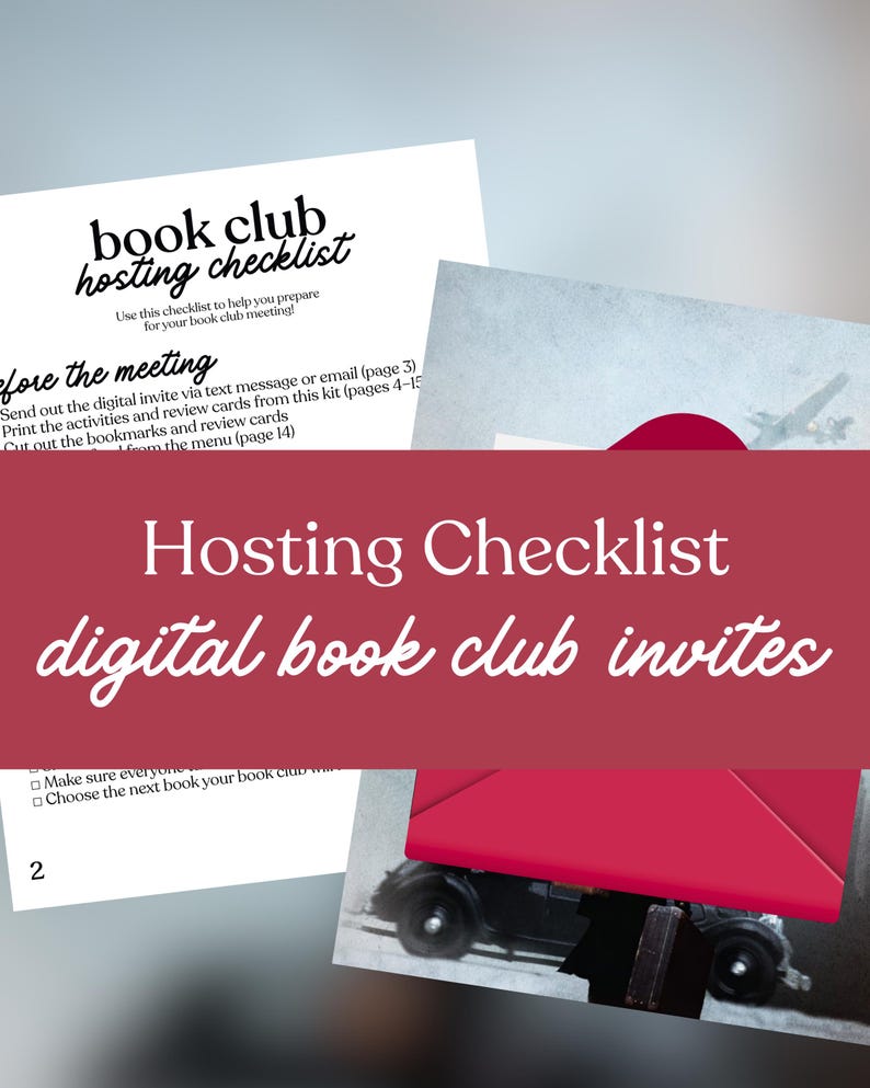 May include: A checklist for hosting a book club meeting, with the text "book club hosting checklist." The image includes a red banner with the text "Hosting Checklist digital book club invites." There are also printed pages with instructions.