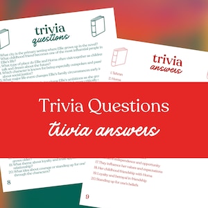 May include: Trivia game cards with questions and answers. The cards have a white background with green and red accents. The text "Trivia Questions" and "trivia answers" are displayed in a stylized font.
