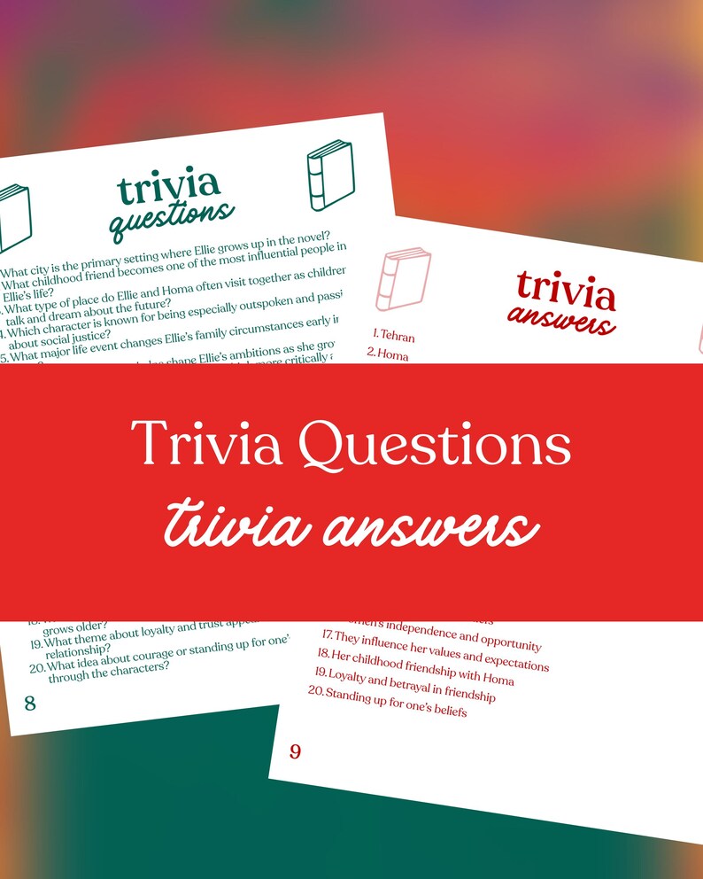 May include: Trivia game cards with questions and answers. The cards have a white background with green and red accents. The text "Trivia Questions" and "trivia answers" are displayed in a stylized font.
