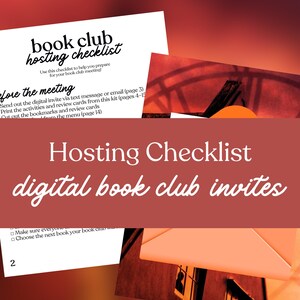 May include: A checklist for hosting a book club meeting. The checklist includes a list of tasks to complete before the meeting. The image also includes the text "Hosting Checklist digital book club invites."
