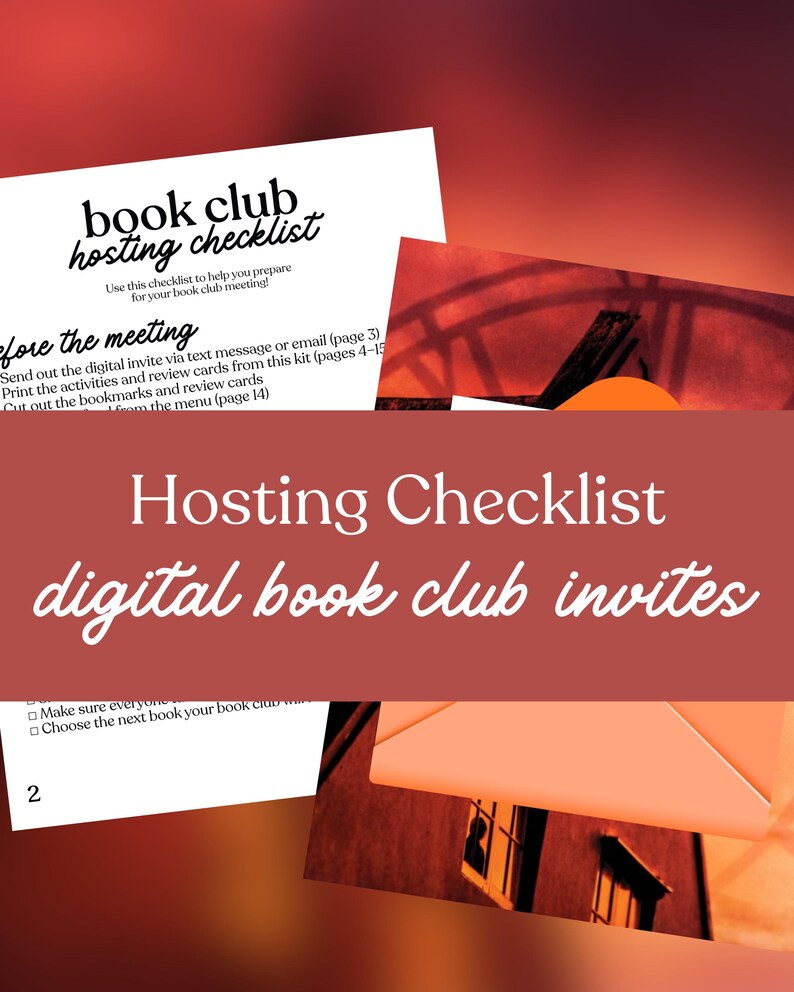May include: A checklist for hosting a book club meeting. The checklist includes a list of tasks to complete before the meeting. The image also includes the text "Hosting Checklist digital book club invites."