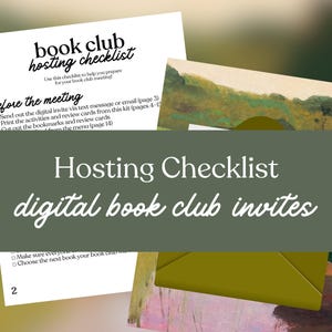 K&ouml;nnte beinhalten: Eine wei&szlig;e Checkliste mit dem Titel "book club hosting checklist" mit Anweisungen zur Vorbereitung eines Buchclubtreffens. Das Bild enth&auml;lt auch einen gr&uuml;nen Umschlag und ein gr&uuml;nes Banner mit dem Text "Hosting Checklist digital book club invites."
