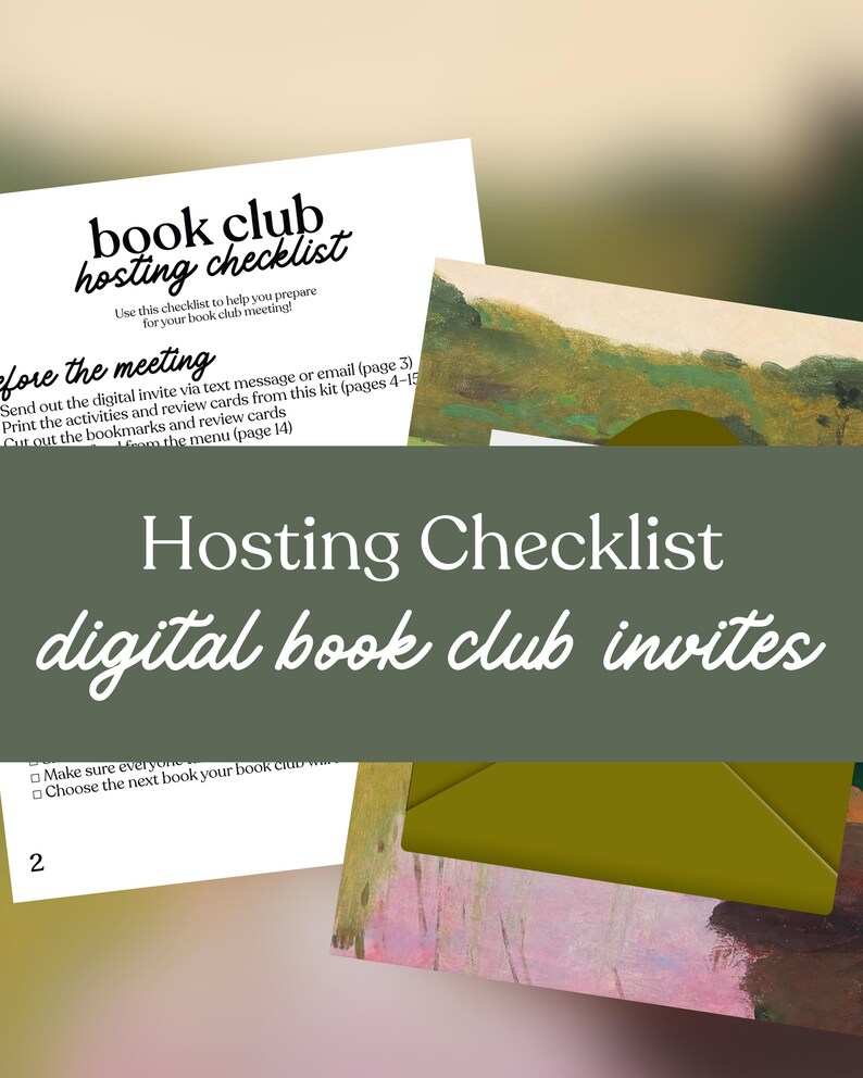 K&ouml;nnte beinhalten: Eine wei&szlig;e Checkliste mit dem Titel "book club hosting checklist" mit Anweisungen zur Vorbereitung eines Buchclubtreffens. Das Bild enth&auml;lt auch einen gr&uuml;nen Umschlag und ein gr&uuml;nes Banner mit dem Text "Hosting Checklist digital book club invites."