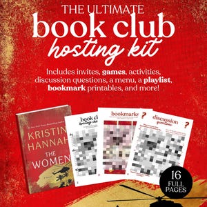 Op de afbeelding: Een rode en witte book club hosting kit met de tekst "THE ULTIMATE book club hosting kit". Bevat uitnodigingen, spellen, activiteiten, discussievragen, een menu, een afspeellijst en printbare bladwijzers. De kit bevat ook een boek en printbare pagina's.