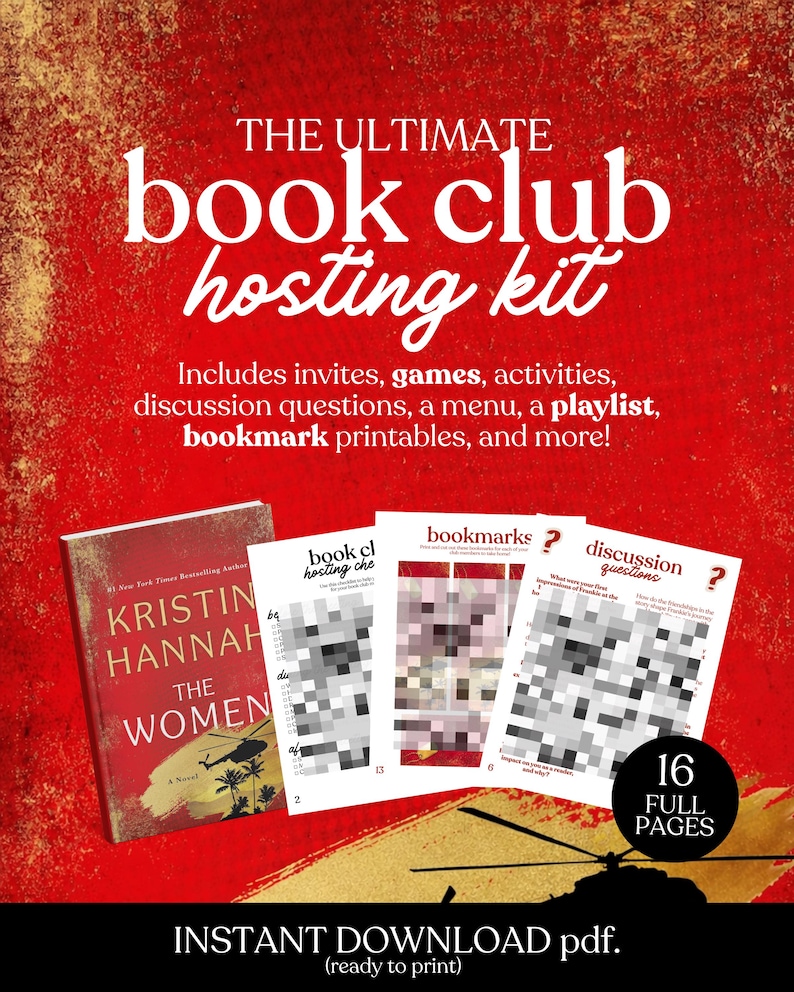 Op de afbeelding: Een rode en witte book club hosting kit met de tekst "THE ULTIMATE book club hosting kit". Bevat uitnodigingen, spellen, activiteiten, discussievragen, een menu, een afspeellijst en printbare bladwijzers. De kit bevat ook een boek en printbare pagina's.