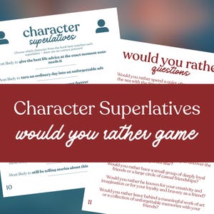 May include: White paper game cards with the text "Character Superlatives" and "Would You Rather Questions" in a playful font. The cards feature fill-in-the-blank prompts and multiple-choice questions for a fun game night. The background is a gradient of blue and brown.
