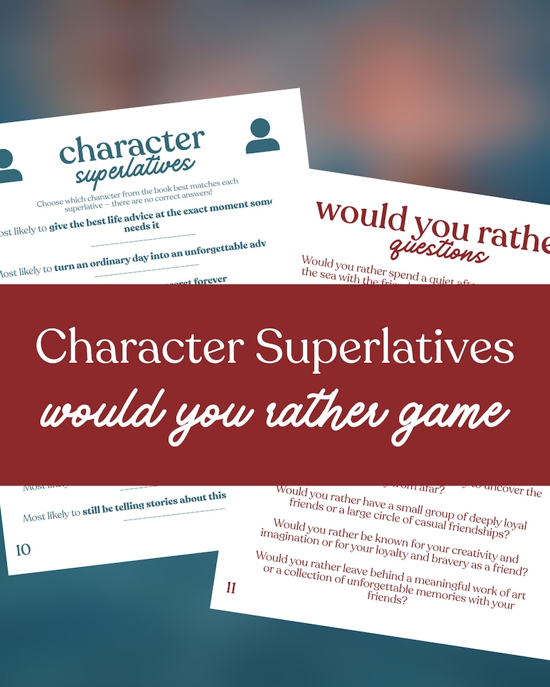 May include: White paper game cards with the text "Character Superlatives" and "Would You Rather Questions" in a playful font. The cards feature fill-in-the-blank prompts and multiple-choice questions for a fun game night. The background is a gradient of blue and brown.