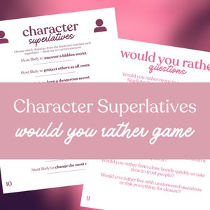 May include: White cards with text for a game called "Character Superlatives" and "Would You Rather Questions" are displayed against a pink background. The game cards feature questions and prompts for players to choose from.