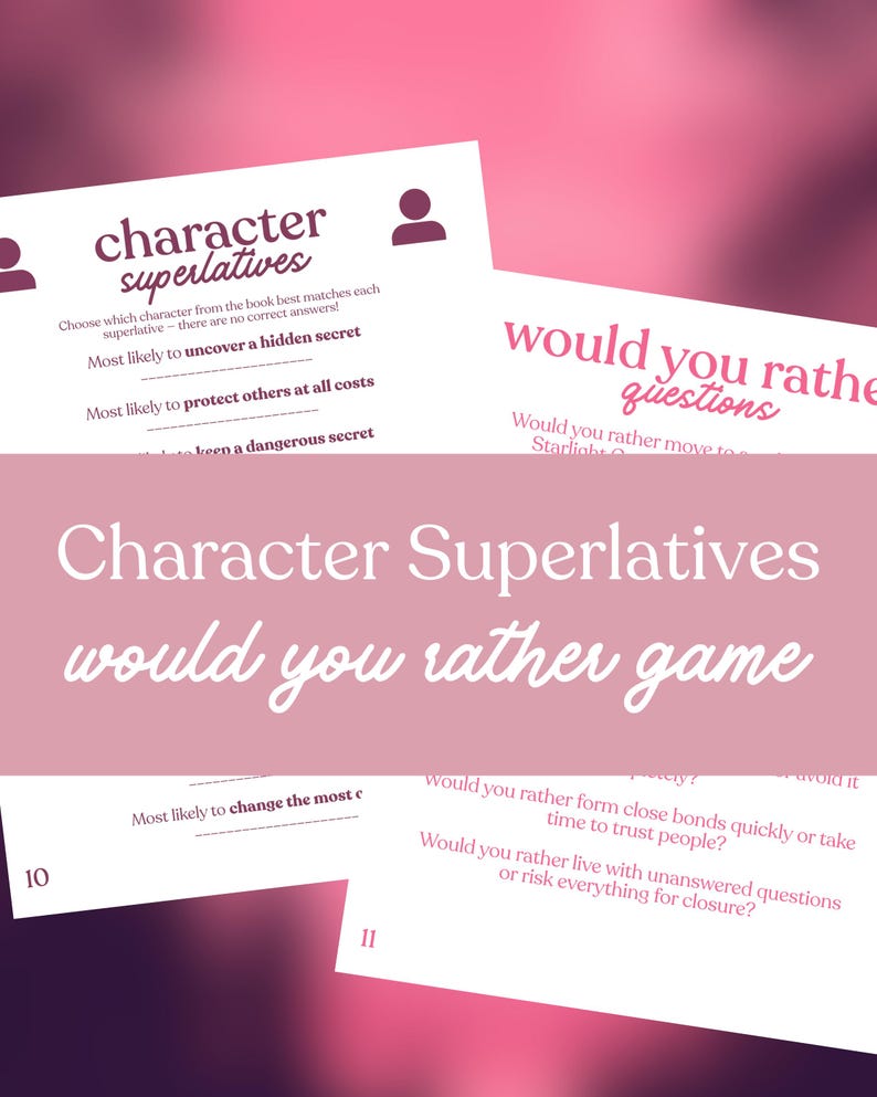 May include: White cards with text for a game called "Character Superlatives" and "Would You Rather Questions" are displayed against a pink background. The game cards feature questions and prompts for players to choose from.