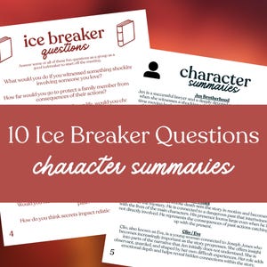May include: White cards with the text "ice breaker questions" and "character summaries" are displayed. The cards have a red background with the text "10 Ice Breaker Questions" and "character summaries". The image is for a game or activity.
