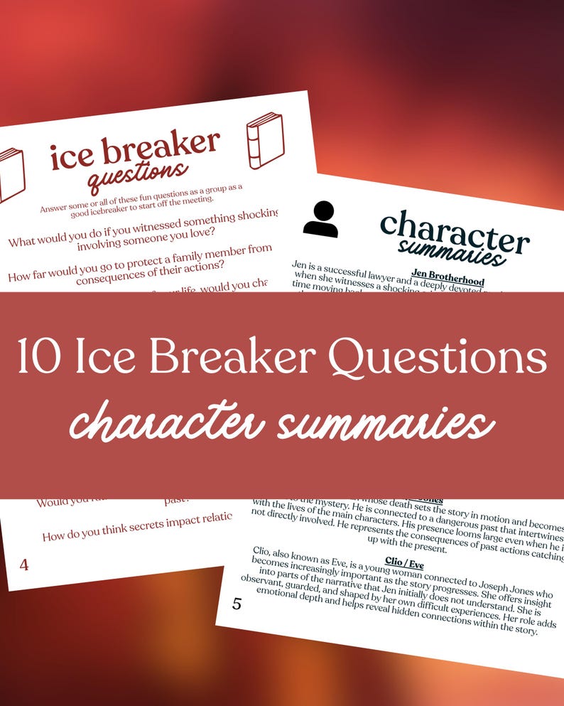 May include: White cards with the text "ice breaker questions" and "character summaries" are displayed. The cards have a red background with the text "10 Ice Breaker Questions" and "character summaries". The image is for a game or activity.