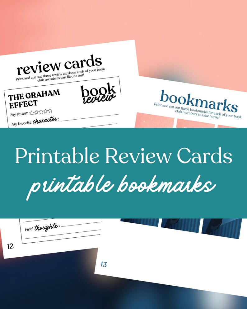 May include: White printable review cards and bookmarks with black text. The review cards include prompts for rating and favorite character. The bookmarks are designed for book club members. The text "Printable Review Cards printable bookmarks" is also visible.