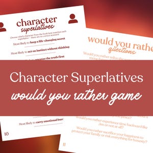 May include: A stack of white cards with text, including "Character Superlatives" and "Would You Rather Questions." The cards have a red background. The game cards feature fill-in-the-blank prompts and questions.