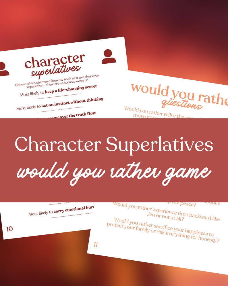 May include: A stack of white cards with text, including "Character Superlatives" and "Would You Rather Questions." The cards have a red background. The game cards feature fill-in-the-blank prompts and questions.