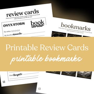 Puede incluir: Tarjetas de revisi&oacute;n e imprimibles y marcadores blancos. Las tarjetas de revisi&oacute;n tienen espacio para una calificaci&oacute;n de libro y un personaje favorito. Los marcadores tienen un borde decorativo. Tambi&eacute;n es visible el texto "Printable Review Cards printable bookmarks".