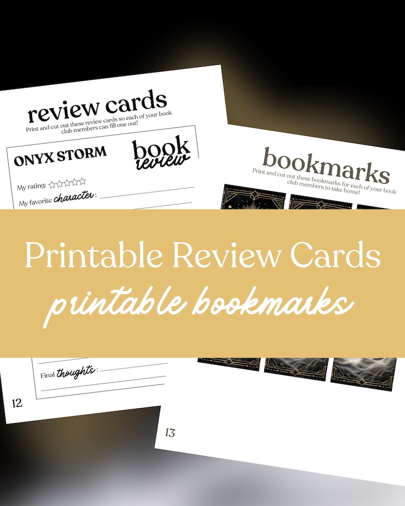 Puede incluir: Tarjetas de revisi&oacute;n e imprimibles y marcadores blancos. Las tarjetas de revisi&oacute;n tienen espacio para una calificaci&oacute;n de libro y un personaje favorito. Los marcadores tienen un borde decorativo. Tambi&eacute;n es visible el texto "Printable Review Cards printable bookmarks".