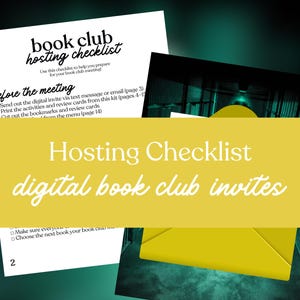 May include: A digital book club hosting checklist with the text "book club hosting checklist" in black. The image includes a yellow banner with the text "Hosting Checklist digital book club invites".