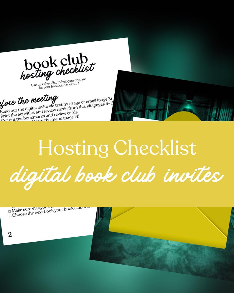 May include: A digital book club hosting checklist with the text "book club hosting checklist" in black. The image includes a yellow banner with the text "Hosting Checklist digital book club invites".