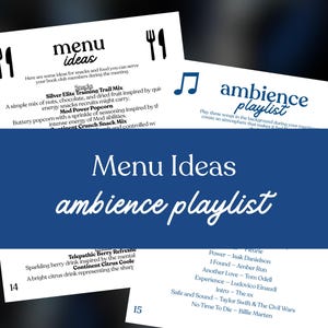 May include: A graphic with the words "Menu Ideas" and "ambience playlist" in white script on a blue background. The image includes lists of snack ideas and a music playlist for a book club meeting. The playlist includes songs by Isak Danielson and Taylor Swift.