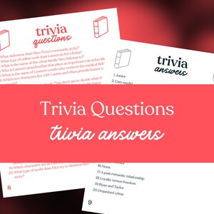 Op de afbeelding: Witte trivia vragen- en antwoordvellen met rode accenten. De tekst bevat "Trivia Questions" en "Trivia Answers". De afbeelding toont ook een boekicoon. De vragen en antwoorden zijn genummerd.