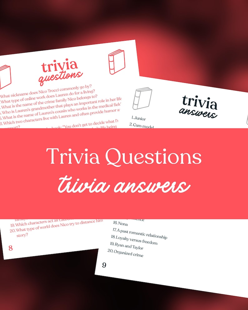 Op de afbeelding: Witte trivia vragen- en antwoordvellen met rode accenten. De tekst bevat "Trivia Questions" en "Trivia Answers". De afbeelding toont ook een boekicoon. De vragen en antwoorden zijn genummerd.