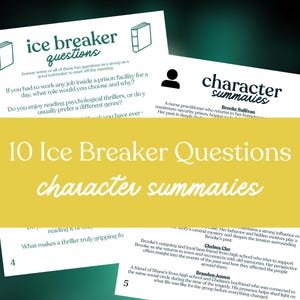 May include: A collection of printed cards with text, including "ice breaker questions" and "character summaries." The cards are white with black text and a yellow banner. The image is designed for group activities and reading.