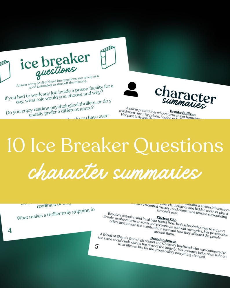 May include: A collection of printed cards with text, including "ice breaker questions" and "character summaries." The cards are white with black text and a yellow banner. The image is designed for group activities and reading.