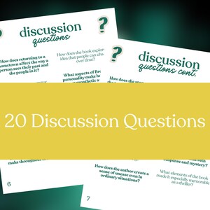 May include: A collection of discussion question cards with the title "20 Discussion Questions" in a white font on a yellow background. The cards feature questions in a green font, with a green question mark icon. The background is a gradient of green and black.