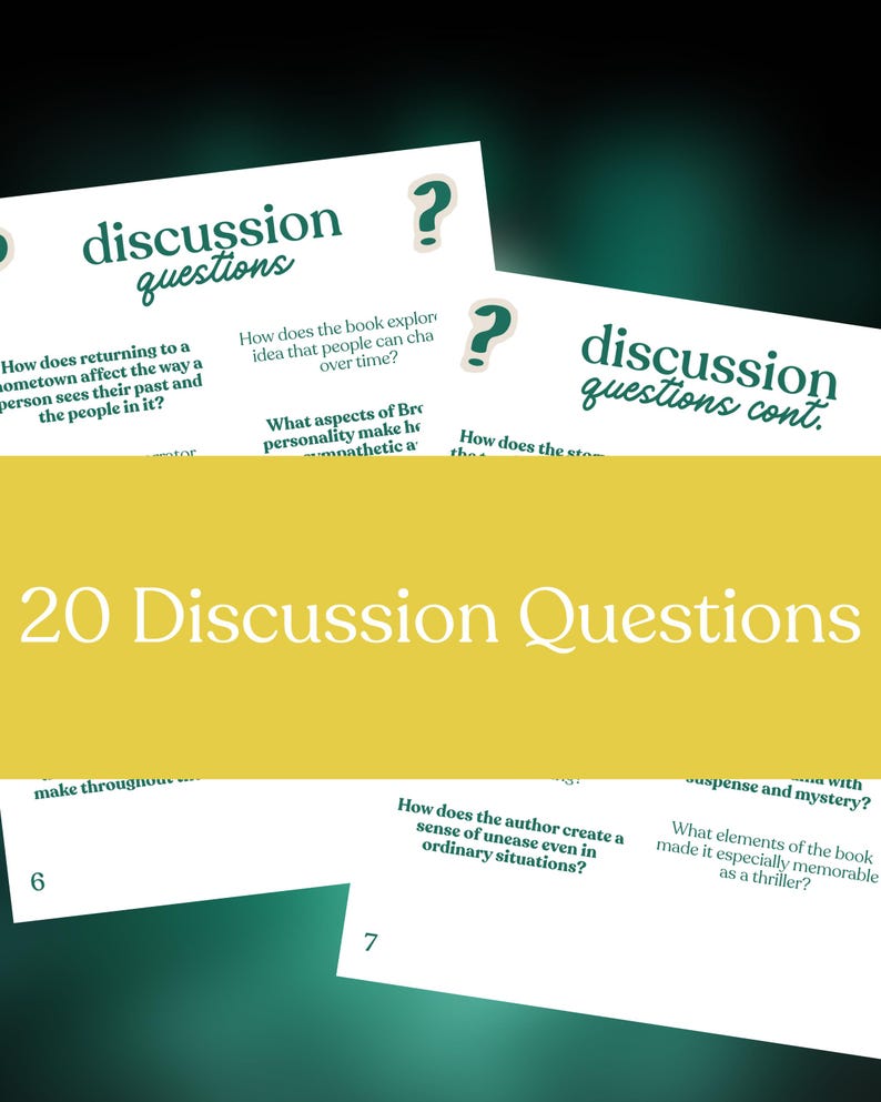 May include: A collection of discussion question cards with the title "20 Discussion Questions" in a white font on a yellow background. The cards feature questions in a green font, with a green question mark icon. The background is a gradient of green and black.