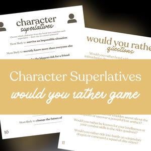Puede incluir: Tarjetas de juego Character Superlatives y Would You Rather. Las tarjetas tienen texto en una fuente serif. Las tarjetas del juego son blancas con texto negro. El fondo es un degradado de negro y dorado.