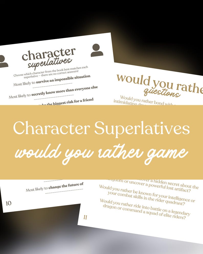 Puede incluir: Tarjetas de juego Character Superlatives y Would You Rather. Las tarjetas tienen texto en una fuente serif. Las tarjetas del juego son blancas con texto negro. El fondo es un degradado de negro y dorado.