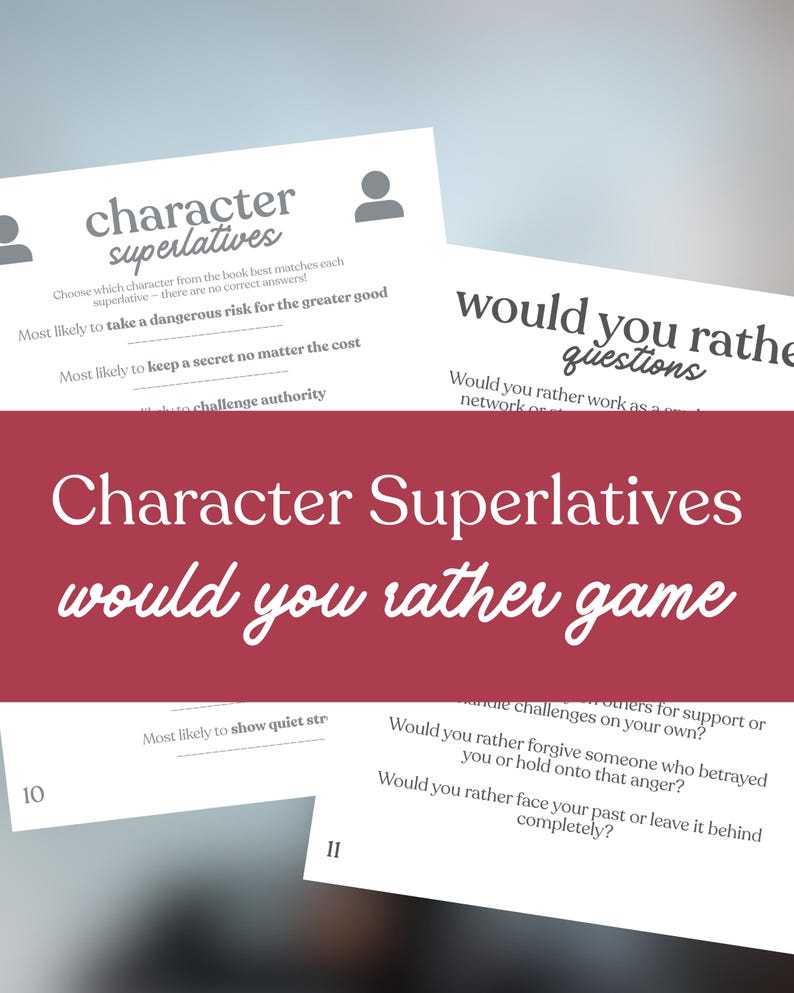 May include: A stack of white paper game cards with text. The cards feature the phrases "Character Superlatives" and "Would You Rather Game". The cards have questions and prompts for a game.