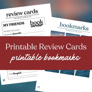May include: White printable review cards and bookmarks. The review cards have spaces for ratings and favorite characters. The bookmarks have a blue and white image. The text says "Printable Review Cards printable bookmarks."
