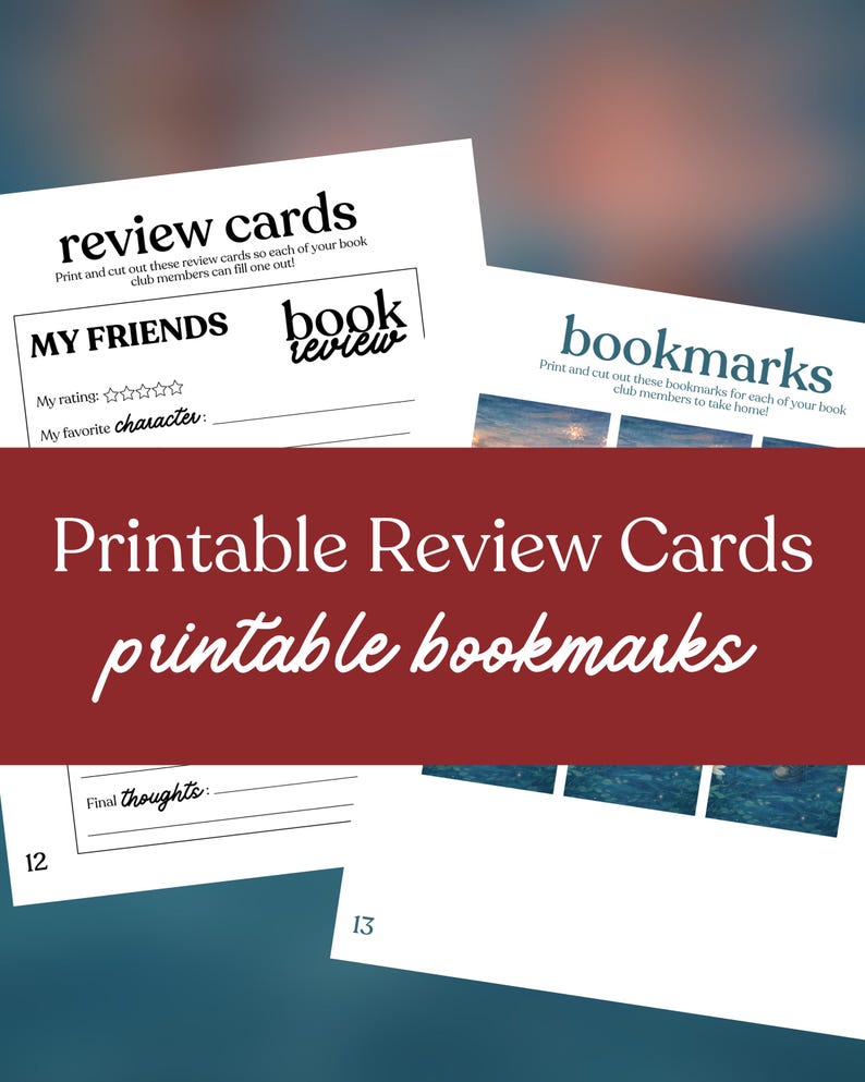 May include: White printable review cards and bookmarks. The review cards have spaces for ratings and favorite characters. The bookmarks have a blue and white image. The text says "Printable Review Cards printable bookmarks."
