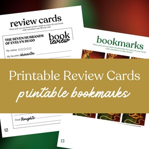 May include: Printable review cards and bookmarks. The review cards have space for ratings and favourite characters. The bookmarks are designed to be cut out and taken home. The text includes "review cards", "bookmarks", and "Printable Review Cards printable bookmarks".