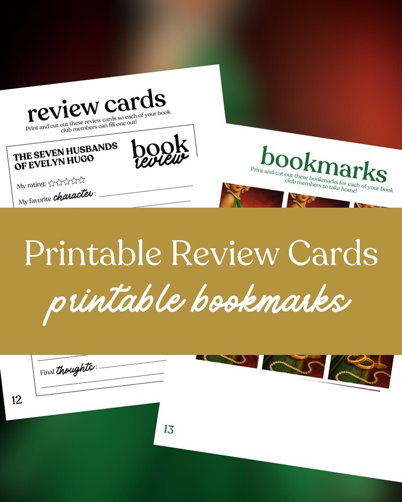 May include: Printable review cards and bookmarks. The review cards have space for ratings and favourite characters. The bookmarks are designed to be cut out and taken home. The text includes "review cards", "bookmarks", and "Printable Review Cards printable bookmarks".