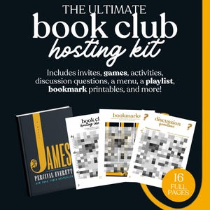 Puede incluir: Kit de organización de club de lectura negro y amarillo con el texto "THE ULTIMATE book club hosting kit". Incluye invitaciones, juegos, actividades, preguntas de discusión, un menú, una lista de reproducción y marcadores imprimibles.