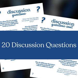 May include: A collection of white cards with blue text, featuring discussion questions. The cards are arranged in a layered composition, with the title "20 Discussion Questions" in large white text on a blue background. The questions are related to a story.