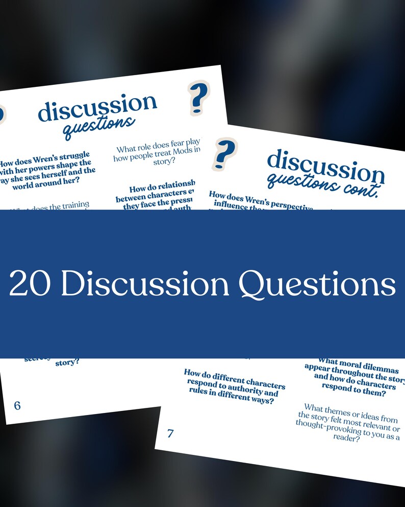May include: A collection of white cards with blue text, featuring discussion questions. The cards are arranged in a layered composition, with the title "20 Discussion Questions" in large white text on a blue background. The questions are related to a story.