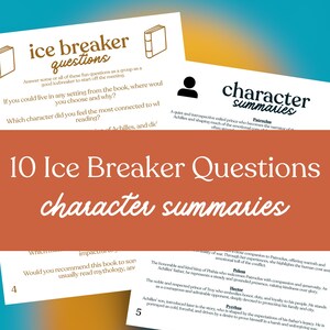 May include: White cards with the text "ice breaker questions" and "character summaries" are displayed. The cards include questions and character descriptions. The background is a gradient of orange and blue.